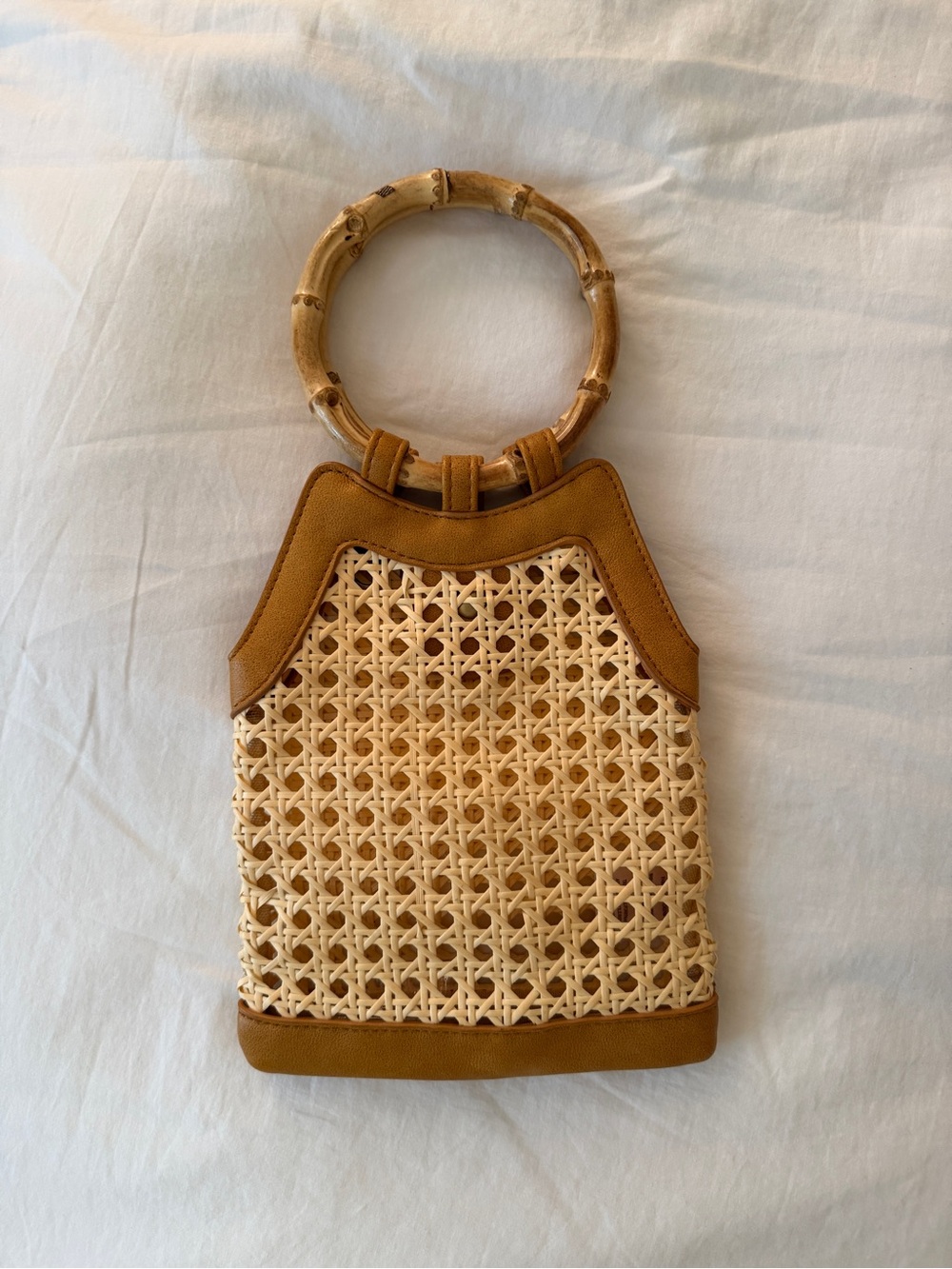 Woven Cane Bucket Bag with Bamboo Handles - Tan